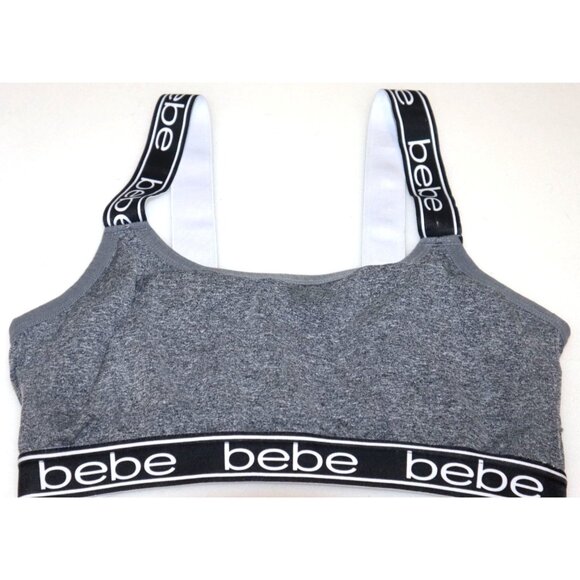 Bebe Gray Sports Bra XL Logo Strap Wireless Racerback Activewear Comfort - Picture 1 of 5